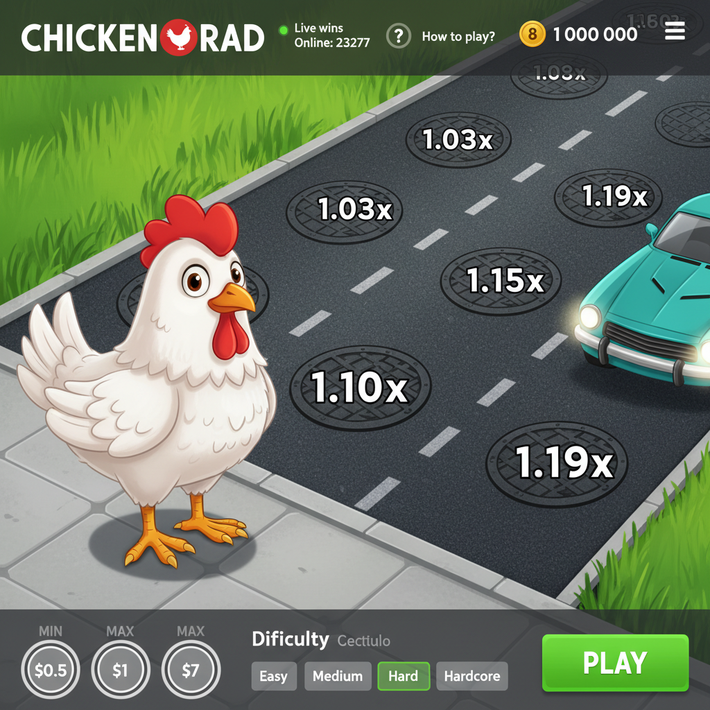 Schermata principale di Chicken Road 2: il pollo attraversa una strada a sei corsie con i moltiplicatori progressivi da 1.01x a 1.19x sui tombini